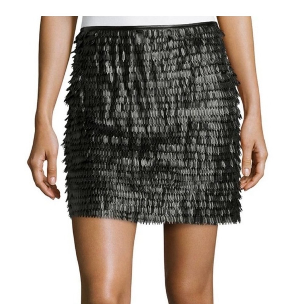Max Studio Black Vegan Leather fringed Mini Skirt Size 10 Baddie